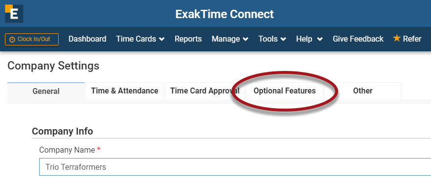 Viewing_Custom_Fields_ExakTime_Form_Responses_In_Time_Cards__360002774893__Company_Settings_-_Optional_Features_Circled.png